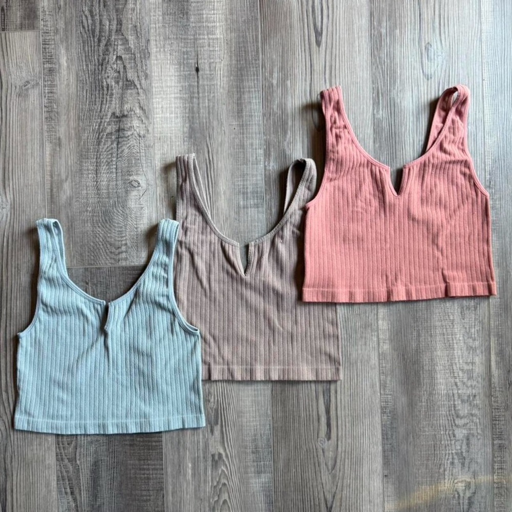 Ribbed V-Neck Crop Tops - Pink, Tan, and Light Blue